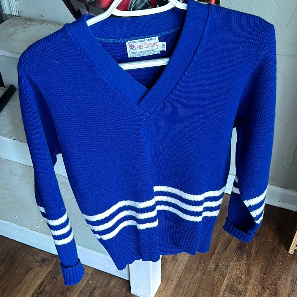 Blue V-Neck Sweater with White Stripes